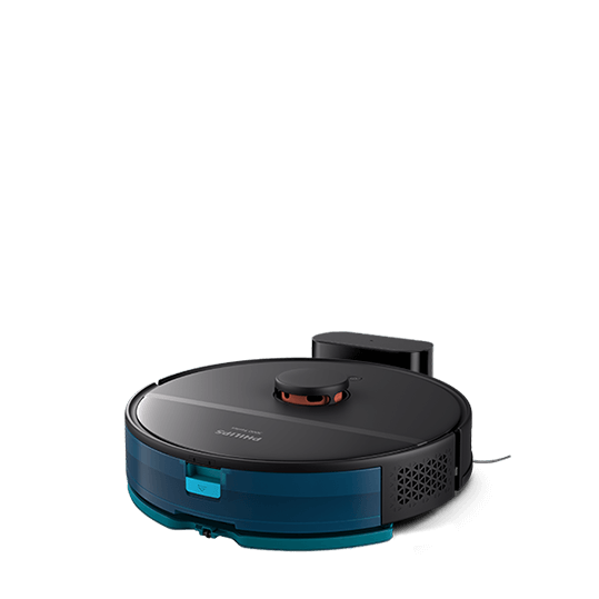 Czarny robot sprzątający z niebieskim elementem z przodu i widocznym logo \'PHILIPS\' na górze. Urządzenie ma okrągły kształt i znajduje się na stacji dokującej.