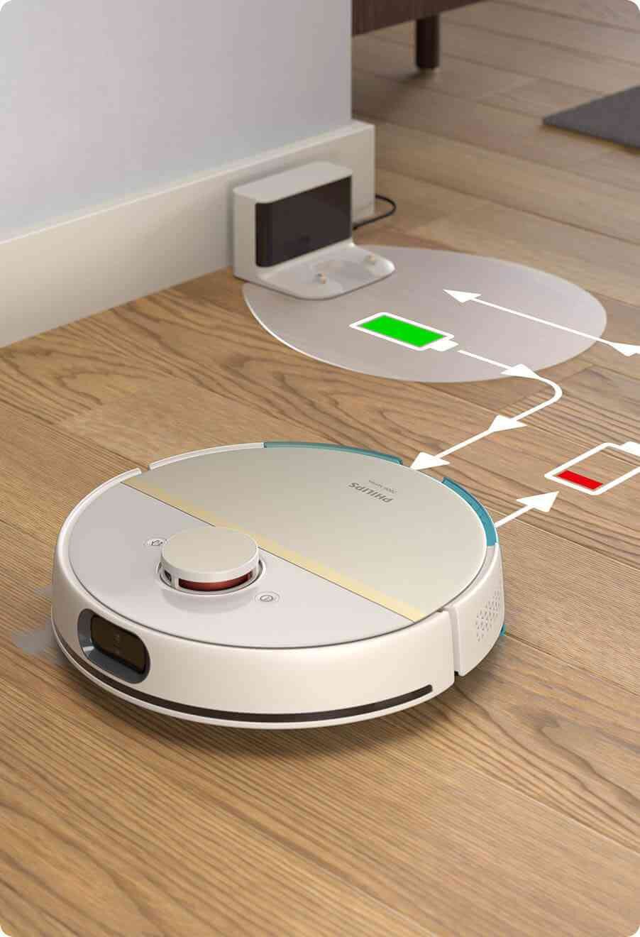 Robot sprzątający w kolorze białym znajduje się na drewnianej podłodze, zbliżając się do stacji dokującej przy ścianie. Na podłodze widoczna jest grafika przedstawiająca proces ładowania z ikonami baterii w kolorach zielonym i czerwonym.