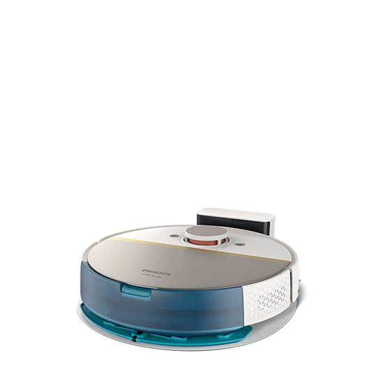 Na obrazie widoczny jest okrągły robot sprzątający z niebieskim pojemnikiem na wodę i napisem \'PHILIPS\' na górze. W tle znajduje się stacja dokująca.