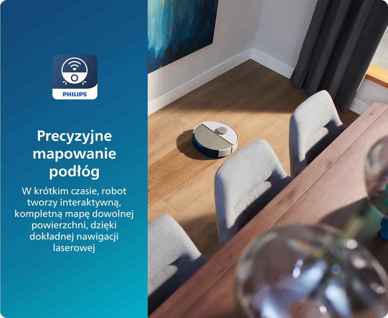 Obraz przedstawia robota sprzątającego na podłodze w pomieszczeniu z drewnianą podłogą i stołem z krzesłami. Po lewej stronie znajduje się niebieski panel z logo PHILIPS i tekstem: \'Precyzyjne mapowanie podłóg. W krótkim czasie, robot tworzy interaktywną, kompletną mapę dowolnej powierzchni, dzięki dokładnej nawigacji laserowej.\'