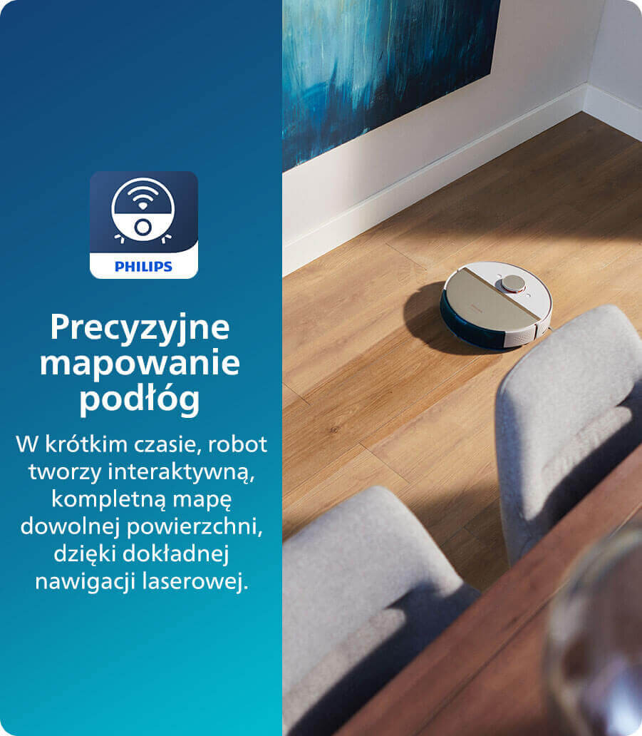 Obraz przedstawia robot sprzątający na drewnianej podłodze w pomieszczeniu. Po lewej stronie znajduje się niebieski panel z logo PHILIPS i tekstem: \'Precyzyjne mapowanie podłóg. W krótkim czasie, robot tworzy interaktywną, kompletną mapę dowolnej powierzchni, dzięki dokładnej nawigacji laserowej.\'