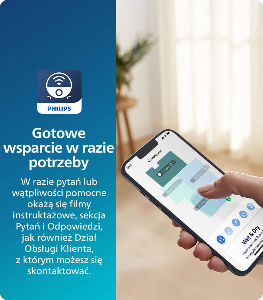 Obraz przedstawia telefon trzymany w dłoni z aplikacją na ekranie oraz tekst po lewej stronie. Tekst brzmi: \'Gotowe wsparcie w razie potrzeby W razie pytań lub wątpliwości pomocne okażą się filmy instruktażowe, sekcja Pytań i Odpowiedzi, jak również Dział Obsługi Klienta, z którym możesz się skontaktować.\'