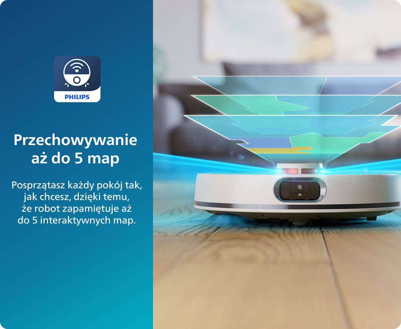 Obraz przedstawia robot sprzątający na podłodze z wizualizacją map nad nim. Po lewej stronie widnieje logo PHILIPS oraz tekst: \'Przechowywanie aż do 5 map. Posprzątasz każdy pokój tak, jak chcesz, dzięki temu, że robot zapamiętuje aż do 5 interaktywnych map.\'