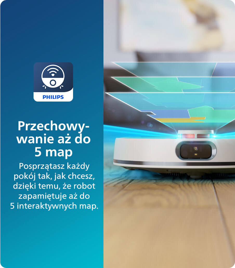 Obraz przedstawia robot sprzątający na podłodze z wizualizacją map nad nim. Po lewej stronie znajduje się logo PHILIPS oraz tekst: \'Przechowywanie aż do 5 map. Posprzątasz każdy pokój tak, jak chcesz, dzięki temu, że robot zapamiętuje aż do 5 interaktywnych map.\'