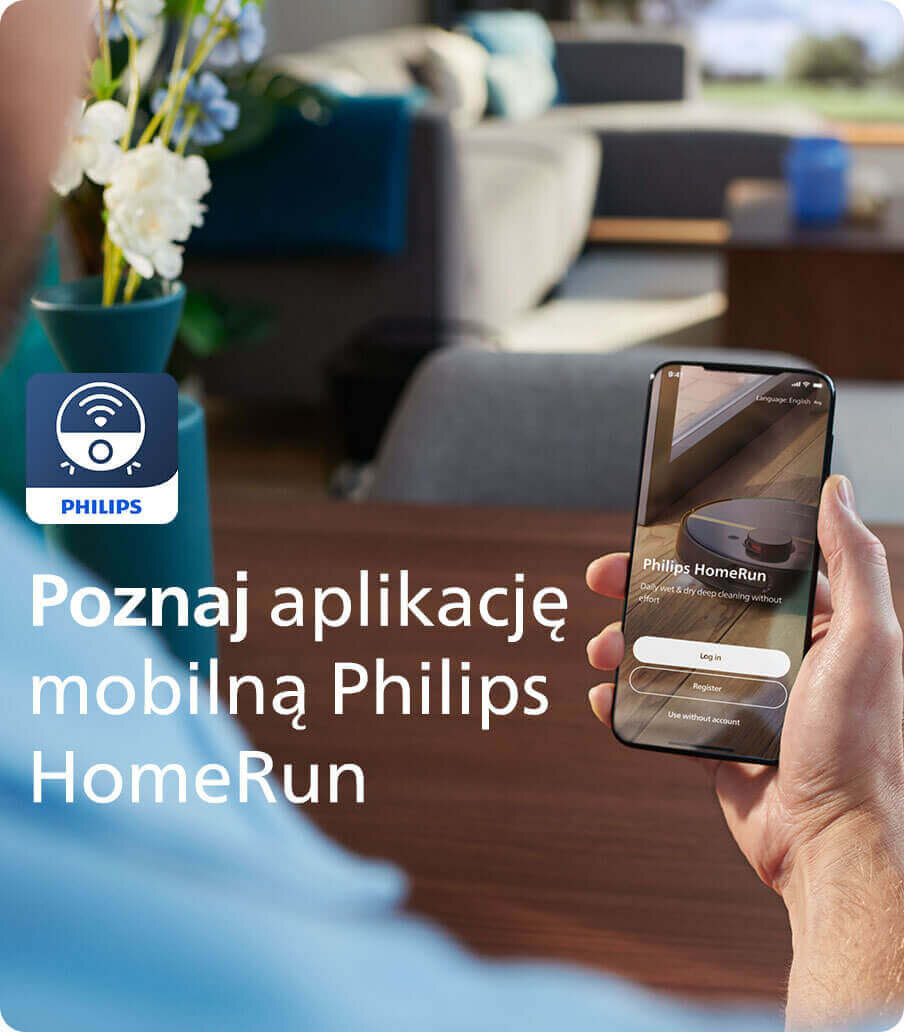 Osoba trzyma smartfon z aplikacją Philips HomeRun na ekranie. Obok widoczny jest tekst: \'Poznaj aplikację mobilną Philips HomeRun\' oraz logo PHILIPS.