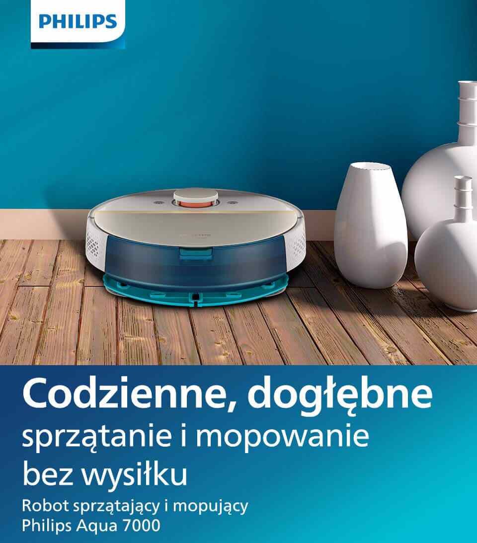 Na drewnianej podłodze stoi robot sprzątający z logo PHILIPS, obok znajdują się białe wazony. Tekst na obrazie: \'Codzienne, dogłębne sprzątanie i mopowanie bez wysiłku Robot sprzątający i mopujący Philips Aqua 7000\'.