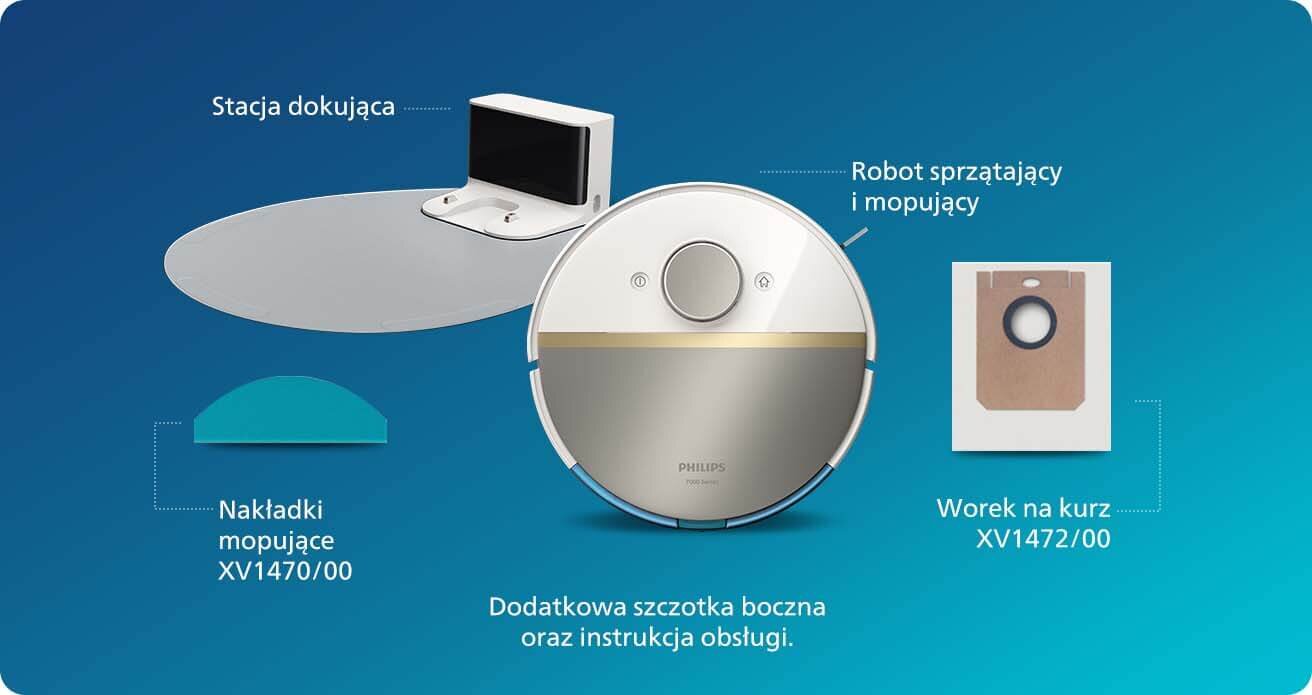 Na niebieskim tle znajduje się robot sprzątający i mopujący z logo PHILIPS, stacja dokująca, nakładki mopujące XV1470/00 oraz worek na kurz XV1472/00. Widoczny jest również napis: \'Dodatkowa szczotka boczna oraz instrukcja obsługi.\'