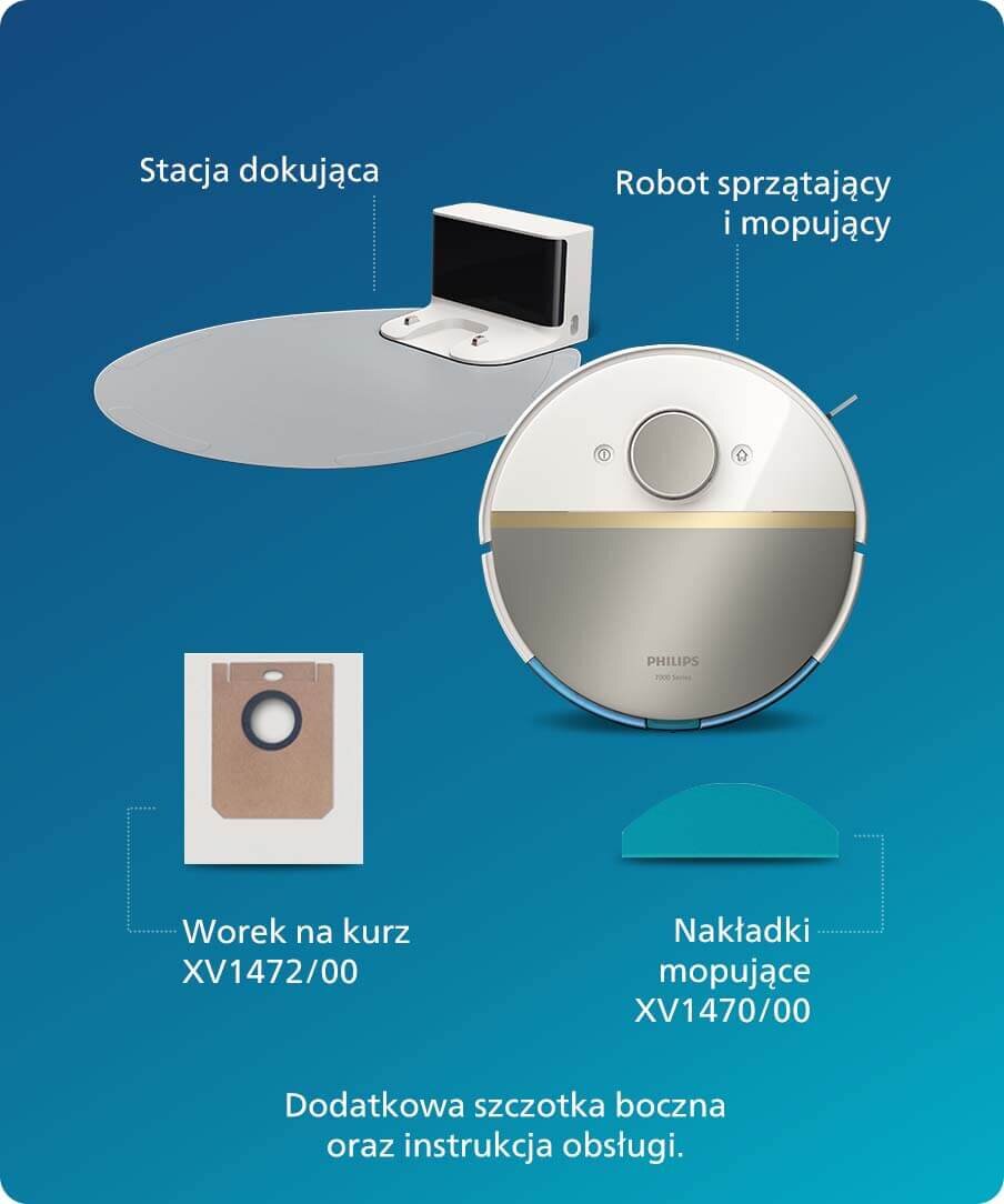 Obraz przedstawia robot sprzątający i mopujący PHILIPS Aqua 7000 XU7000/02 z okrągłym korpusem oraz stację dokującą. Widoczne są także worek na kurz XV1472/00 i nakładki mopujące XV1470/00, a na dole napis: \'Dodatkowa szczotka boczna oraz instrukcja obsługi.\'