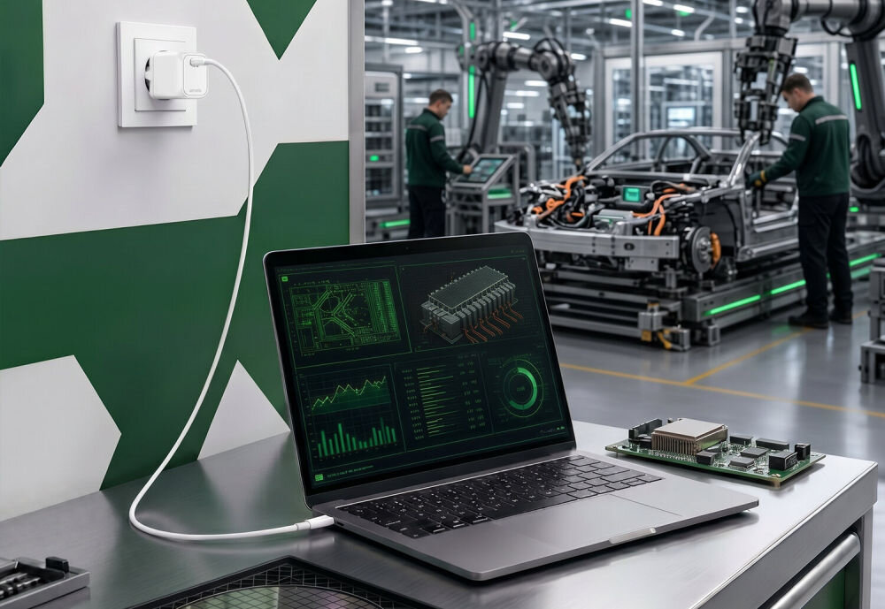 Na obrazie widać laptop z wyświetlonymi wykresami i schematami, podłączony do ładowarki sieciowej w gniazdku na ścianie. W tle znajduje się hala produkcyjna z pracownikami i samochodem na linii montażowej.