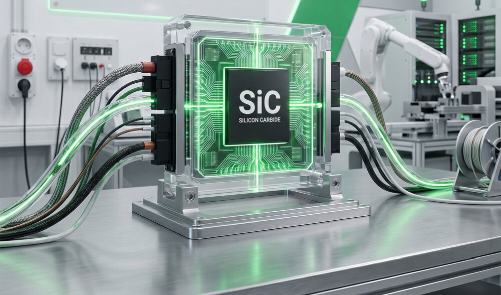 Na obrazie znajduje się urządzenie z napisem \'SiC SILICON CARBIDE\', otoczone kablami i umieszczone na metalowej podstawie. W tle widoczne są elementy laboratorium, w tym robot przemysłowy i sprzęt elektroniczny.