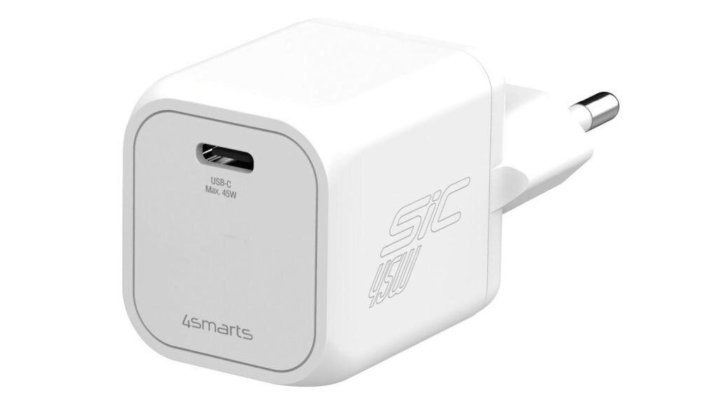 Biała ładowarka sieciowa z wtyczką USB-C, oznaczona napisem \'USB-C Max. 45W\' oraz logo \'4smarts\' i \'SiC 45W\'.