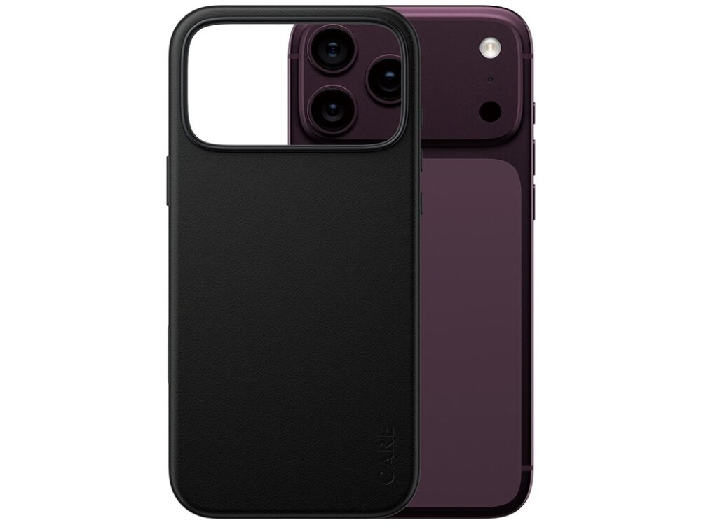 Czarne etui na telefon z wycięciem na aparat, wykonane z materiału przypominającego skórę. W tle widoczny jest telefon z trzema obiektywami aparatu.
