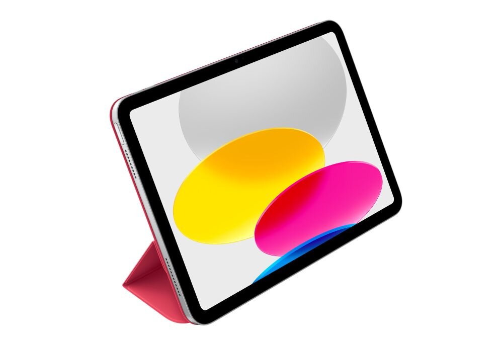 Tablet w etui ustawiony pod kątem, z wyświetlaczem pokazującym kolorowe elipsy na białym tle. Etui ma różowy kolor i pełni funkcję stojaka.