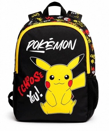 Czarny plecak z dużym nadrukiem żółtego Pikachu i napisem \'POKÉMON\' oraz \'I CHOOSE YOU!\'. Plecak ma żółte akcenty i wzory z postaciami na górnej części.