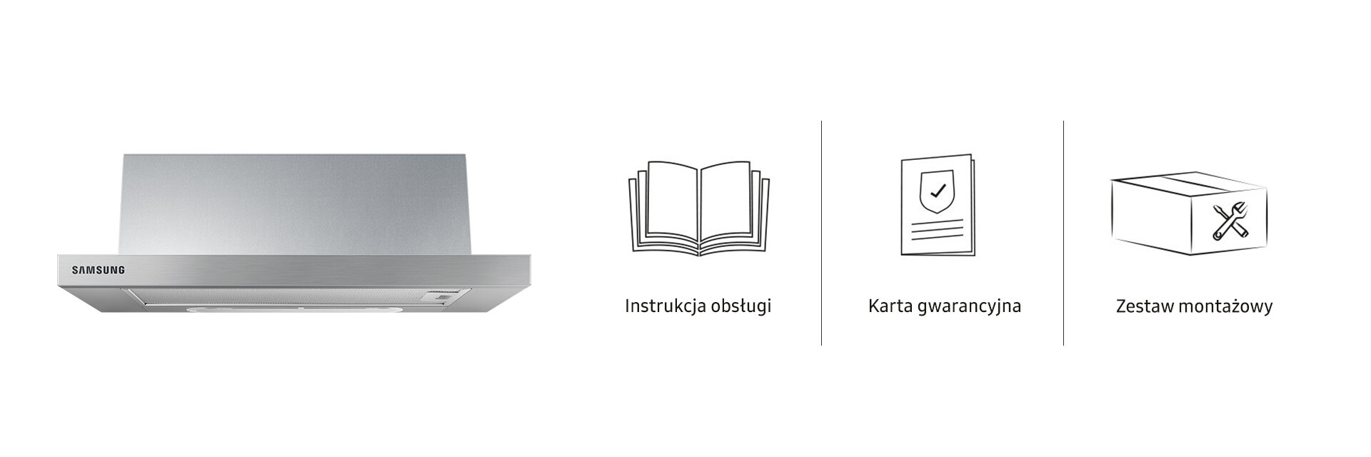 Obraz przedstawia okap kuchenny w kolorze stalowym z logo \'SAMSUNG\'. Obok znajdują się ikony z podpisami: \'Instrukcja obsługi\', \'Karta gwarancyjna\' oraz \'Zestaw montażowy\'.