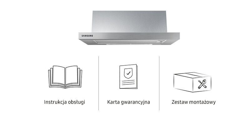 Obraz przedstawia okap kuchenny z logo Samsung, wykonany ze stali nierdzewnej. Poniżej znajdują się ikony z podpisami: \'Instrukcja obsługi\', \'Karta gwarancyjna\', \'Zestaw montażowy\'.