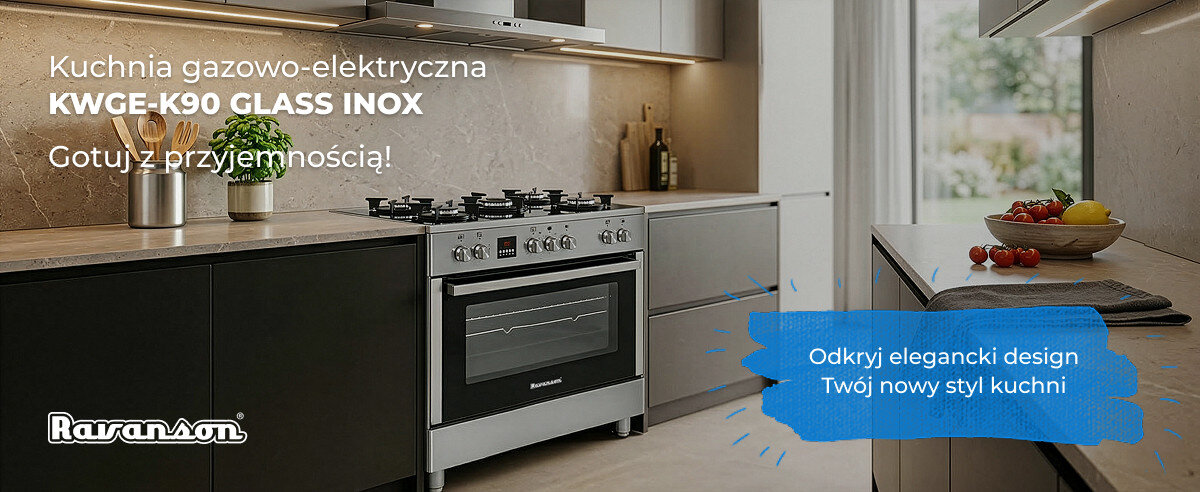 Kuchnia gazowo-elektryczna KWGE-K90 GLASS INOX w nowoczesnej kuchni z drewnianymi blatami i szarymi szafkami. Na obrazie widoczny jest tekst: \'Kuchnia gazowo-elektryczna KWGE-K90 GLASS INOX Gotuj z przyjemnością!\' oraz \'Odkryj elegancki design Twój nowy styl kuchni\'.
