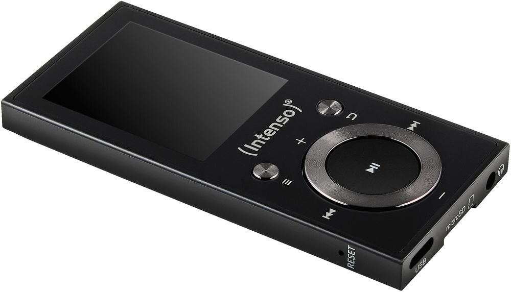 Czarny odtwarzacz MP3 z logo \'Intenso\' na obudowie, posiada ekran oraz przyciski sterujące w formie okrągłego panelu. Na krawędzi widoczne są porty USB i microSD oraz przycisk \'RESET\'.