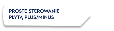 Biały prostokąt z czarną strzałką i tekstem: \'PROSTE STEROWANIE PŁYTĄ PLUS/MINUS\'.