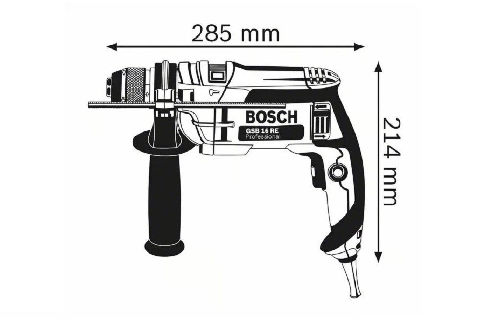 Ilustracja przedstawia wiertarkę udarową z uchwytem bocznym, oznaczoną jako BOSCH GSB 16 RE Professional. Wymiary urządzenia to 285 mm długości i 214 mm wysokości.