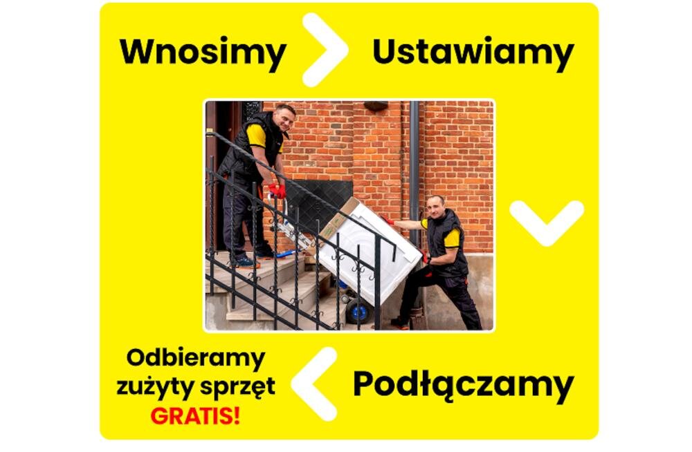 Dwóch mężczyzn wnosi sprzęt AGD po schodach na tle ceglanej ściany. Na żółtym tle widnieją napisy: \'Wnosimy\', \'Ustawiamy\', \'Podłączamy\', \'Odbieramy zużyty sprzęt GRATIS!\'.