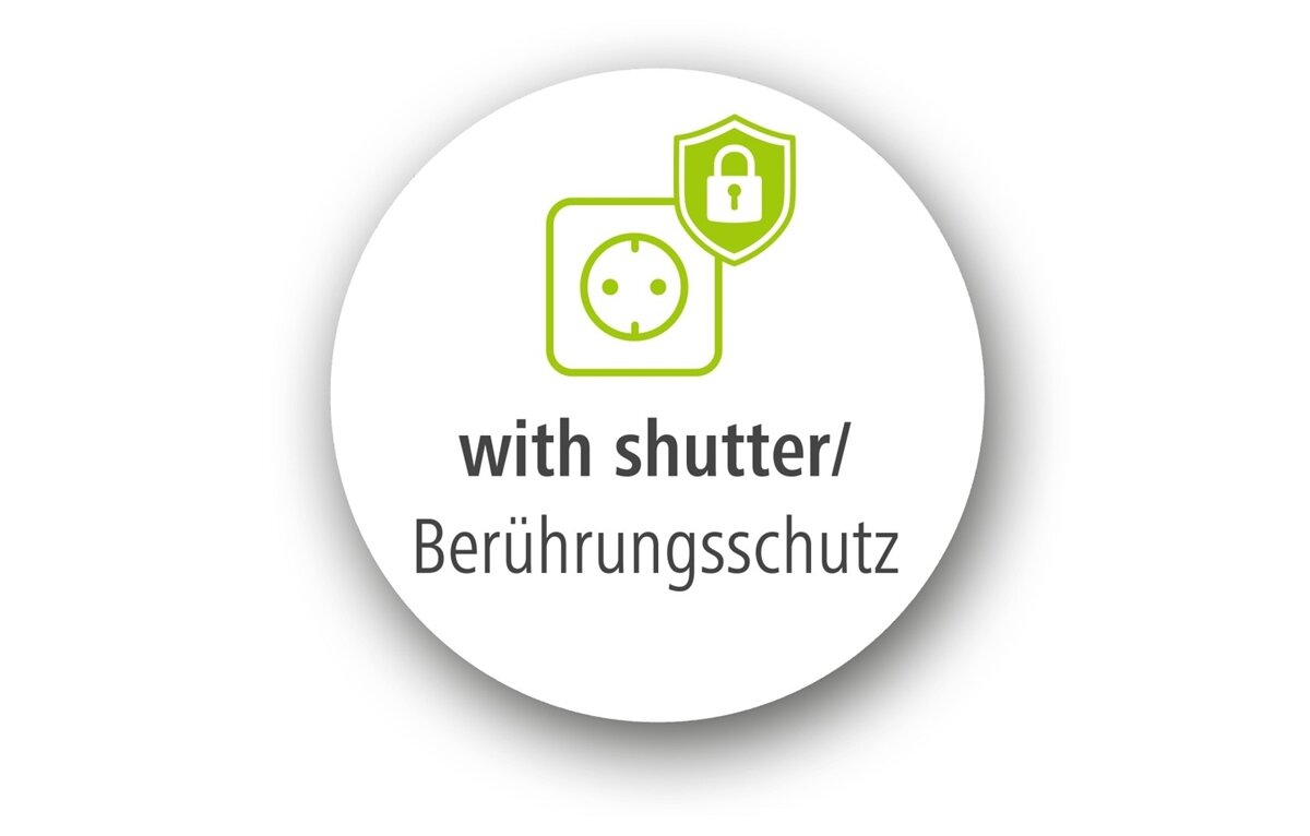 Okrągła ikona z zielonym symbolem gniazdka elektrycznego i tarczą z kłódką. Tekst: \'with shutter/ Berührungsschutz\'.