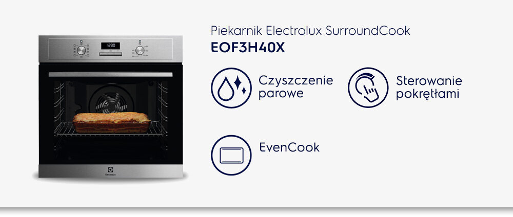 Obraz przedstawia piekarnik Electrolux EOF3H40X z funkcjami czyszczenia parowego i sterowania pokrętłami. Obok piekarnika znajdują się ikony z napisami: \'Czyszczenie parowe\', \'Sterowanie pokrętłami\' oraz \'EvenCook\'.