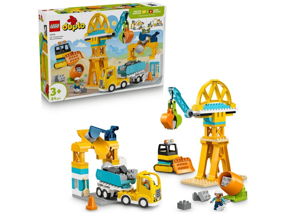 Zestaw LEGO DUPLO przedstawia plac budowy z żółtymi i niebieskimi pojazdami oraz dźwigiem. Na opakowaniu widnieje napis \'LEGO DUPLO 3+ 84 pcs\'.