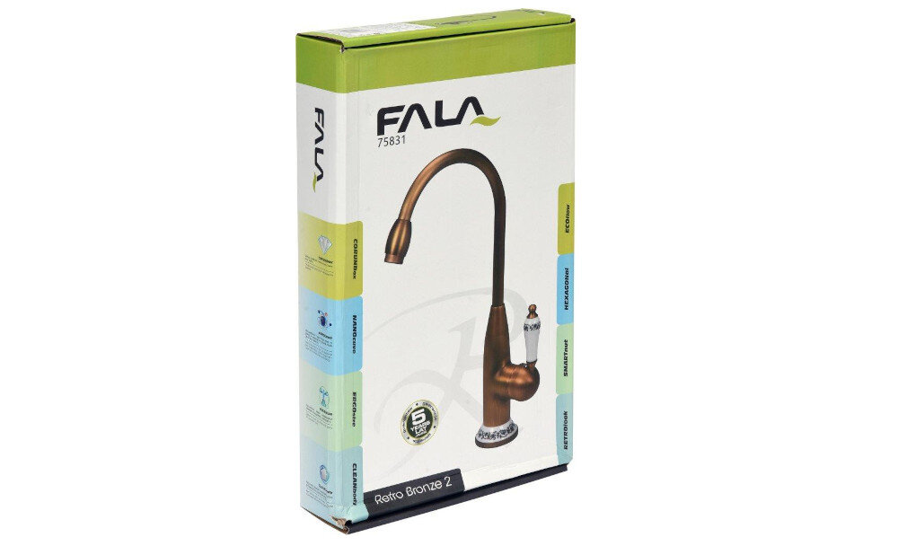 Opakowanie produktu z baterią w kolorze brązowym, z widocznym logo \'FALA\' i numerem \'75831\'. Na opakowaniu znajduje się napis \'Retro Bronze 2\' oraz kilka ikon przedstawiających cechy produktu.