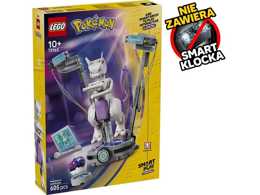 Opakowanie zestawu LEGO z serii Pokémon przedstawiające model Mewtwo w laboratorium. Na opakowaniu widnieje napis \'Nie zawiera smart klocka\'.