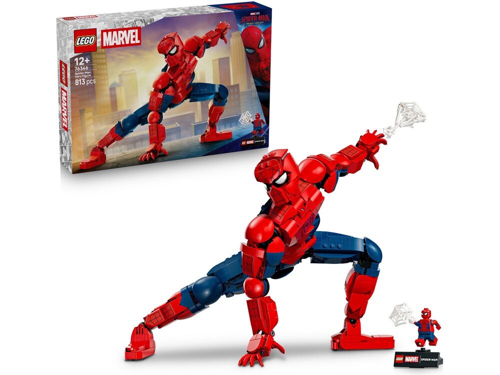 Na obrazie znajduje się zestaw LEGO przedstawiający figurkę Spider-Mana w dynamicznej pozie, obok widoczne jest pudełko z grafiką tego samego modelu. Na pudełku widnieje napis: \'LEGO MARVEL 12+ 76346 813 pcs\'.