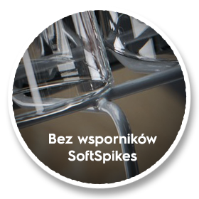 Zbliżenie na wnętrze zmywarki z widocznymi szklankami na metalowym stelażu. Tekst na obrazie: \'Bez wsporników SoftSpikes\'.