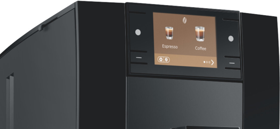 Czarny ekspres do kawy z wyświetlaczem pokazującym opcje \'Espresso\' i \'Coffee\'.