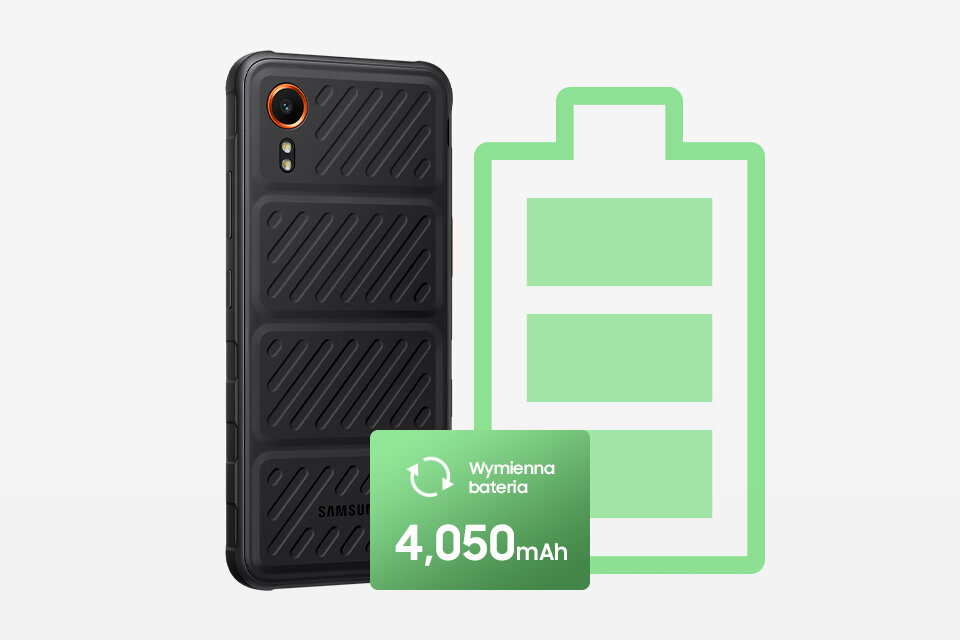 Czarny smartfon z teksturowaną obudową i widocznym logo Samsung. Obok znajduje się zielona ikona baterii z napisem \'Wymienna bateria 4,050 mAh\'.