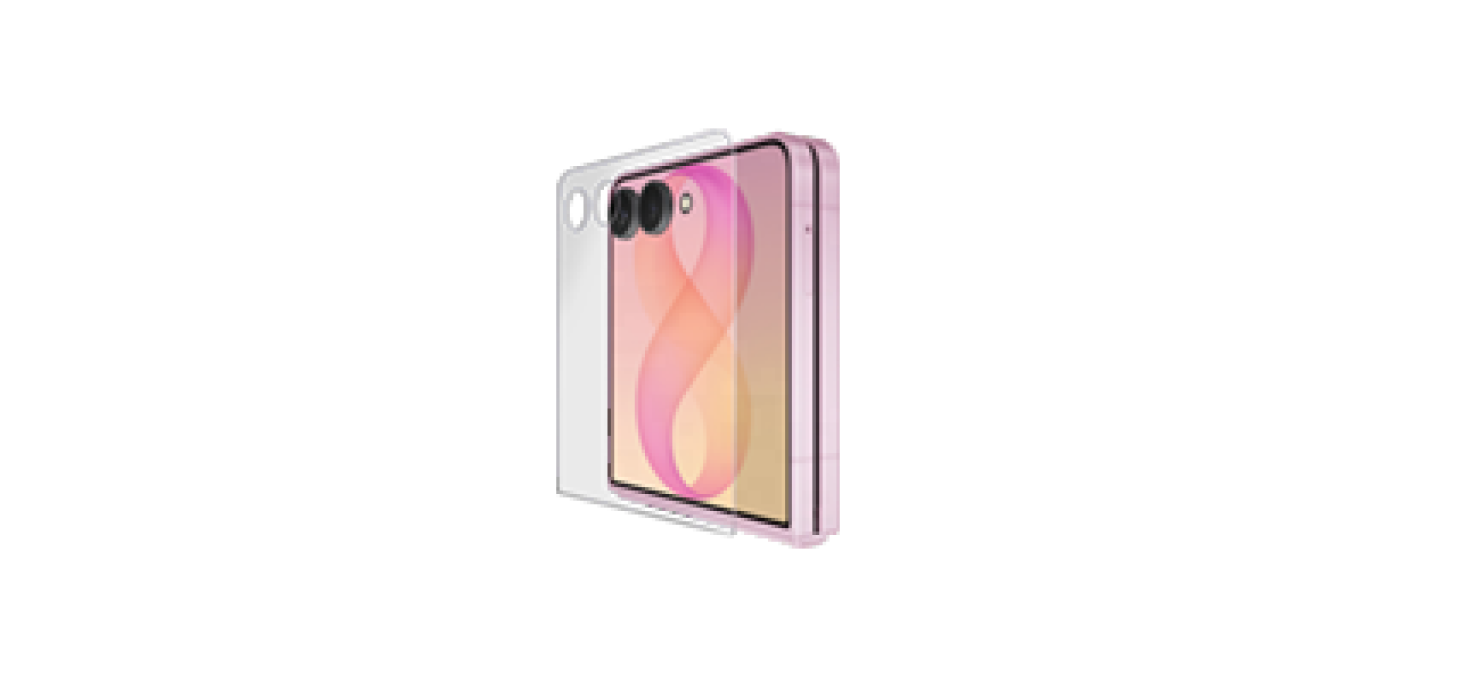 Galaxy Z Flip8 z warstwami ochronnymi ekranu, zaprojektowanymi dla większej trwałości. Smartfon w kolorze różowym z trzema aparatami z tyłu i wyświetlaczem z gradientowym wzorem w odcieniach różu i pomarańczu.