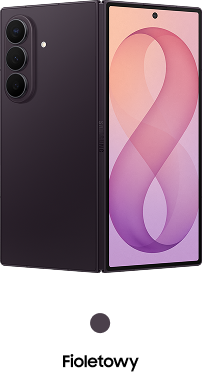 Packshot Galaxy Z Fold8 Ultra w kolorze fioletowym Smartfon z dużym ekranem i trzema aparatami z tyłu, obok widoczny jest ekran z gradientowym tłem w odcieniach różu i fioletu. Na ekranie znajduje się symbol przypominający cyfrę osiem.