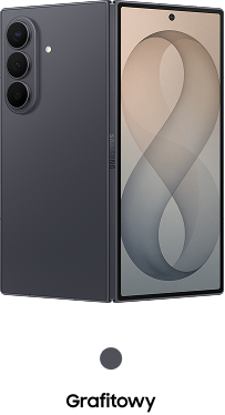 Packshot Galaxy Z Fold8 Ultra w kolorze grafitowym Smartfon z dużym ekranem, na którym widoczna jest grafika z cyfrą 8. Z tyłu urządzenia znajdują się trzy obiektywy aparatu i logo Samsung.