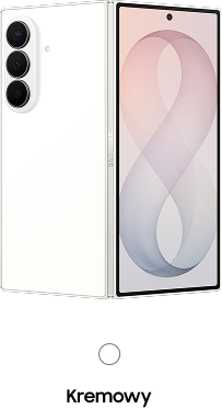 Packshot Galaxy Z Fold8 Ultra w kolorze kremowym Smartfon w kolorze kremowym z trzema aparatami z tyłu i dużym ekranem z przodu, na którym widoczna jest grafika z cyfrą 8. Na boku urządzenia znajduje się napis \'SAMSUNG\'.