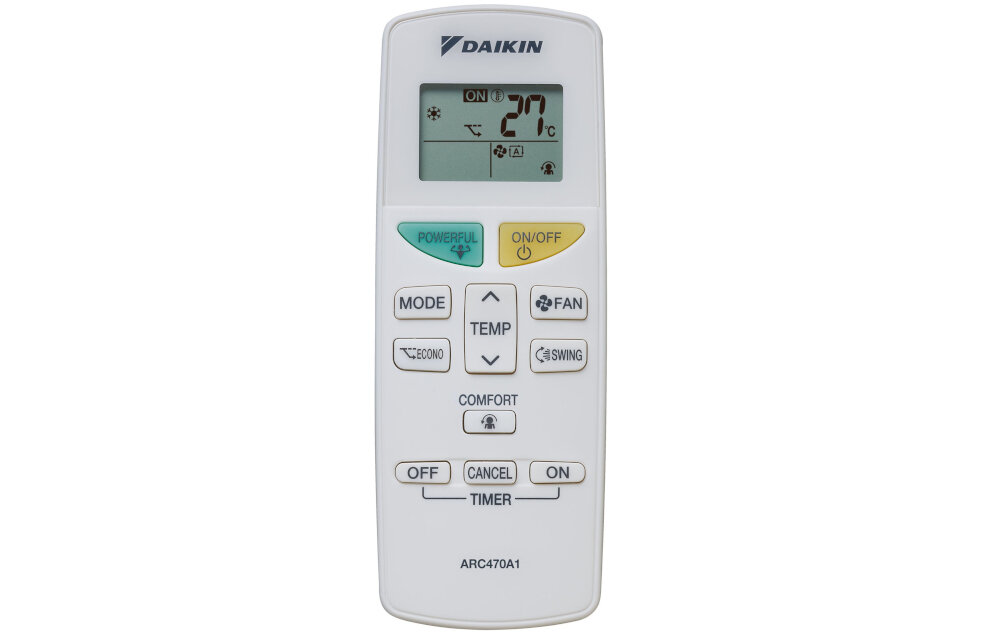 Pilot z wyświetlaczem LCD pokazującym temperaturę 27°C, z przyciskami takimi jak MODE, TEMP, FAN, SWING, POWERFUL, ON/OFF oraz logo DAIKIN na górze.