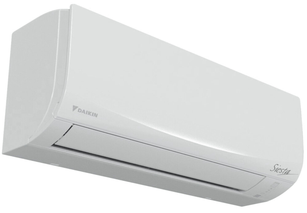 Na obrazie widoczny jest biały klimatyzator ścienny z logo \'DAIKIN\' oraz napisem \'Siesta\'.