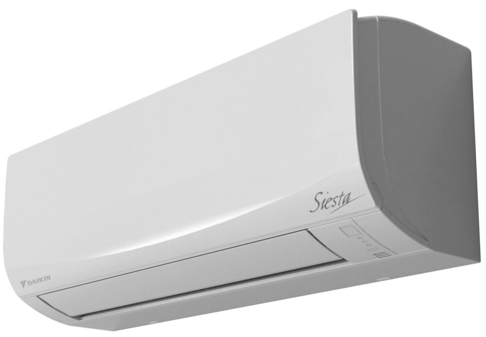 Biały klimatyzator ścienny z widocznym logo \'DAIKIN\' i napisem \'Siesta\' na obudowie.