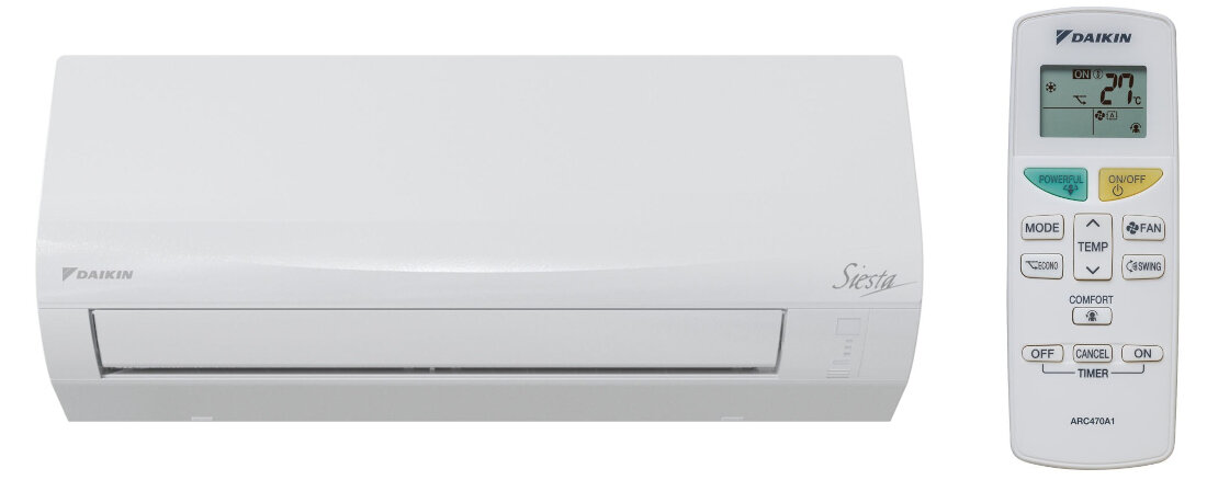Na obrazie widoczny jest biały klimatyzator marki Daikin z napisem \'Siesta\' oraz pilot z wyświetlaczem i przyciskami, na którym widnieje logo \'DAIKIN\'.