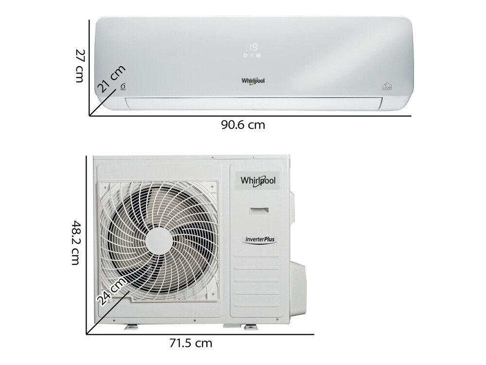 Obraz przedstawia klimatyzator typu split z jednostką wewnętrzną o wymiarach 90.6 cm x 27 cm x 21 cm oraz jednostką zewnętrzną o wymiarach 71.5 cm x 48.2 cm x 24 cm. Na obu jednostkach widoczne jest logo Whirlpool, a na jednostce zewnętrznej dodatkowo napis \'Inverter Plus\'.