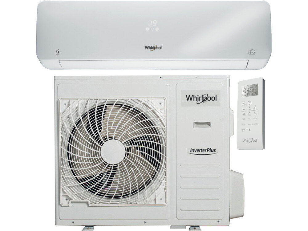Na obrazie widoczny jest zestaw klimatyzatora składający się z jednostki wewnętrznej, zewnętrznej oraz pilota. Na jednostkach widoczne jest logo \'Whirlpool\'.