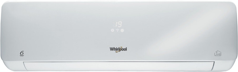 Biały klimatyzator ścienny z wyświetlaczem cyfrowym pokazującym \'19\'. Na urządzeniu widoczne jest logo \'Whirlpool\' oraz symbole \'6th sense\' i \'Live\'.