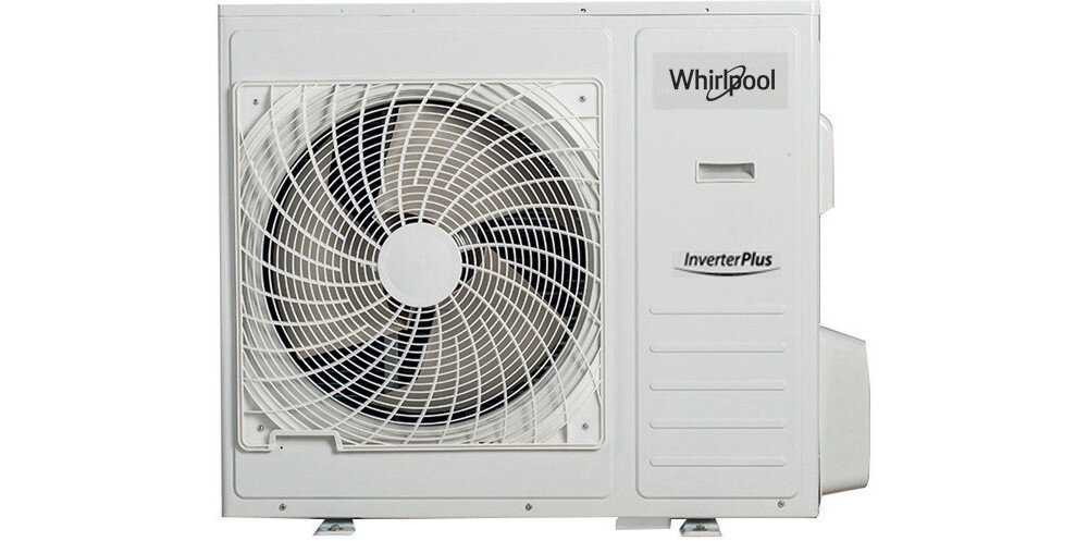 Na obrazie widoczna jest zewnętrzna jednostka klimatyzatora z dużym wentylatorem. Na obudowie znajdują się napisy: \'Whirlpool\' i \'InverterPlus\'.