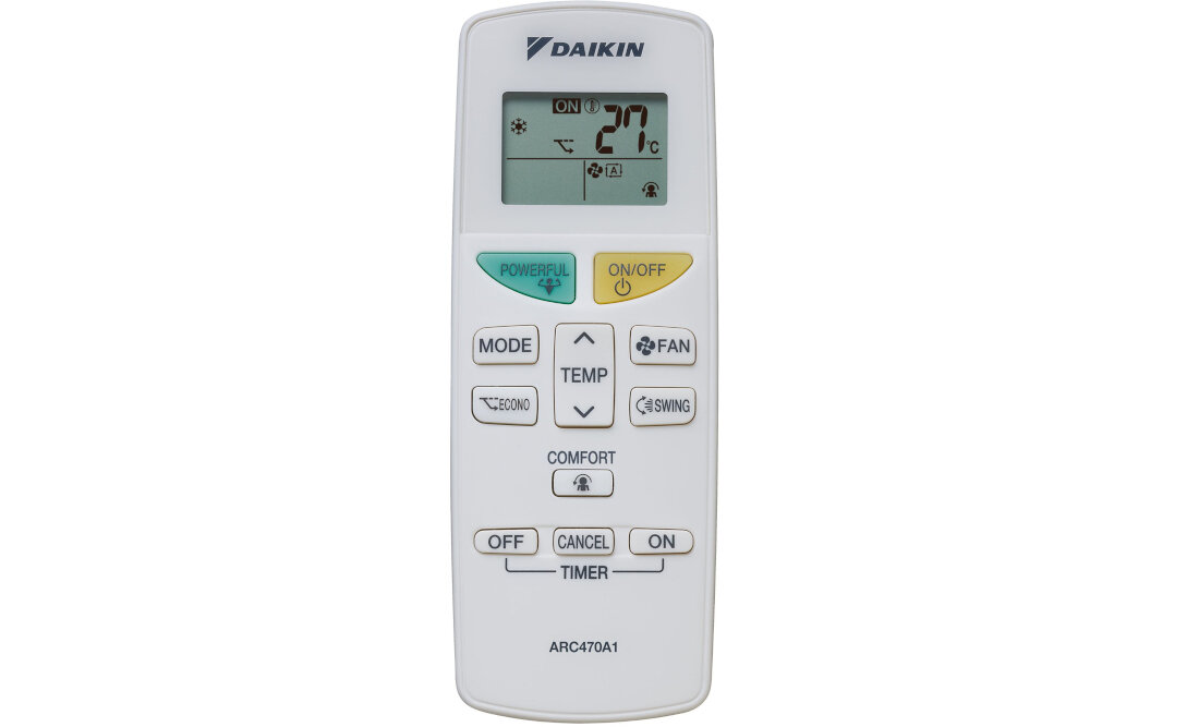 Pilot zdalnego sterowania z wyświetlaczem LCD pokazującym temperaturę 27°C i różne ikony. Widoczne przyciski to m.in. MODE, TEMP, FAN, SWING, POWERFUL, ON/OFF oraz TIMER, a na górze znajduje się logo DAIKIN.