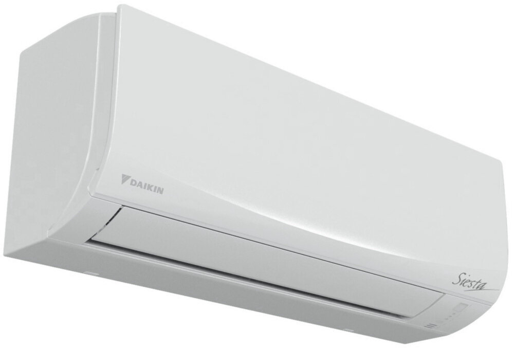 Biały klimatyzator ścienny z widocznym logo \'DAIKIN\' i napisem \'Siesta\'. Urządzenie ma prosty, nowoczesny design.