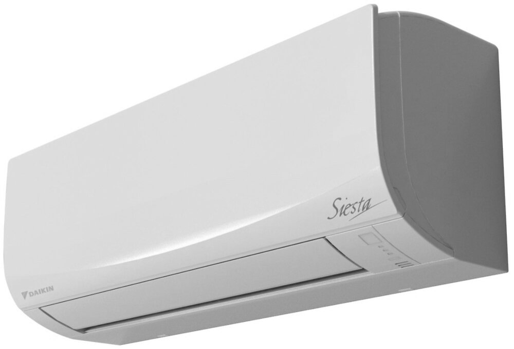 Biały klimatyzator ścienny z widocznym logo \'DAIKIN\' oraz napisem \'Siesta\'. Urządzenie ma prosty, nowoczesny design.