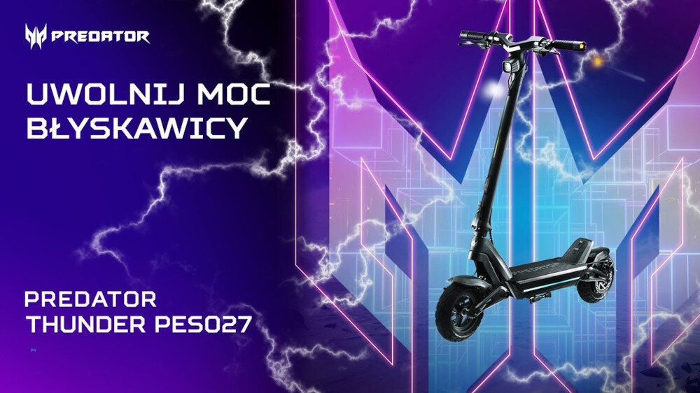 Obraz przedstawia czarną hulajnogę elektryczną na tle fioletowo-niebieskiego wzoru z błyskawicami. Widoczny tekst: \'PREDATOR\', \'UWOLNIJ MOC BŁYSKAWICY\', \'PREDATOR THUNDER PES027\'.